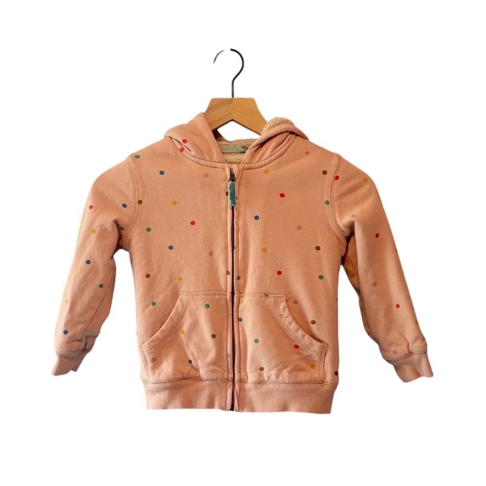 Mini Boden‎ Girls Pink Polka Dot Borg Fleece Lined Zip Up Hoodie Size 5-6Y